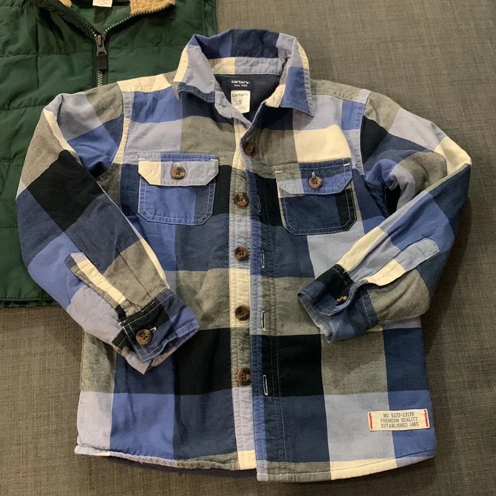 Carter’s (1)Vest Green Fleece Neck Pockets (2)Shacket Navy Blue Plaid Pockets 5T